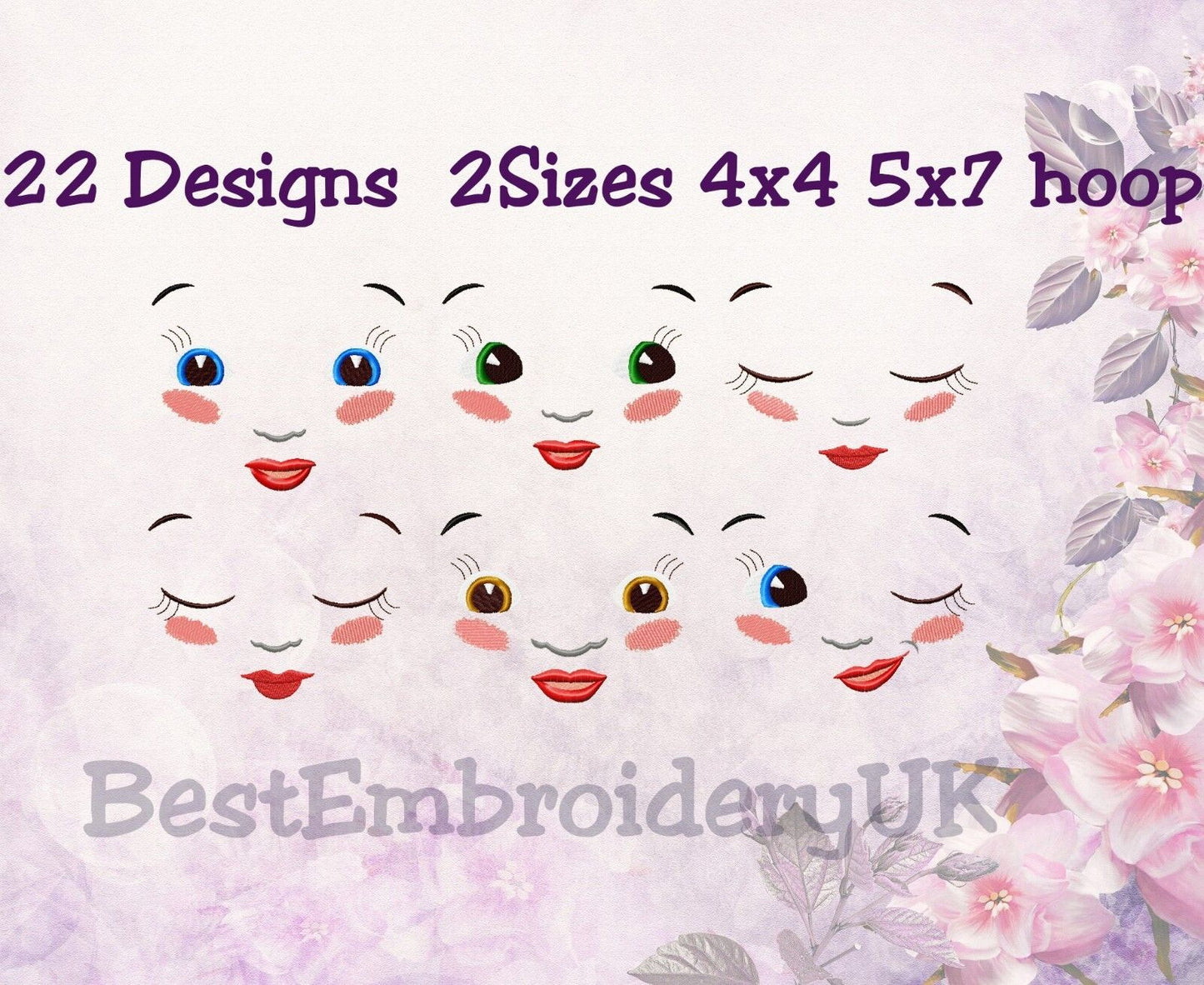 DOLL FACE Machine Embroidery Designs - 22 Designs in 2 Sizes - PES DST