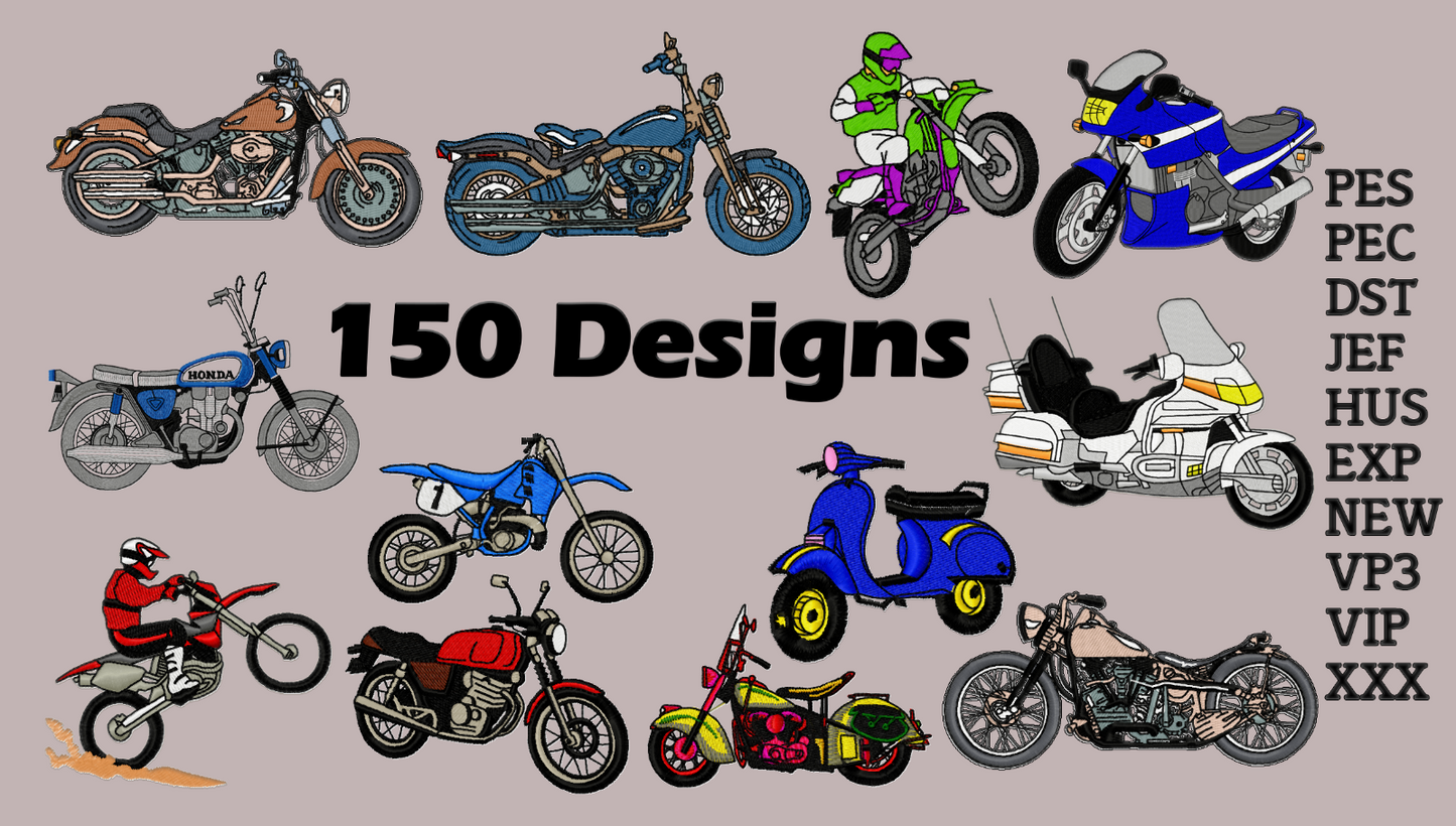 MACHINE EMBROIDERY DESIGNS - 150 MOTORBIKES, MOPEDS, BIKES - MULTIPLE