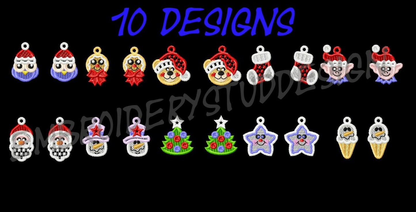 MACHINE EMBROIDERY DESIGNS - 10 FSL CHRISTMAS EMBROIDERY EARRINGS