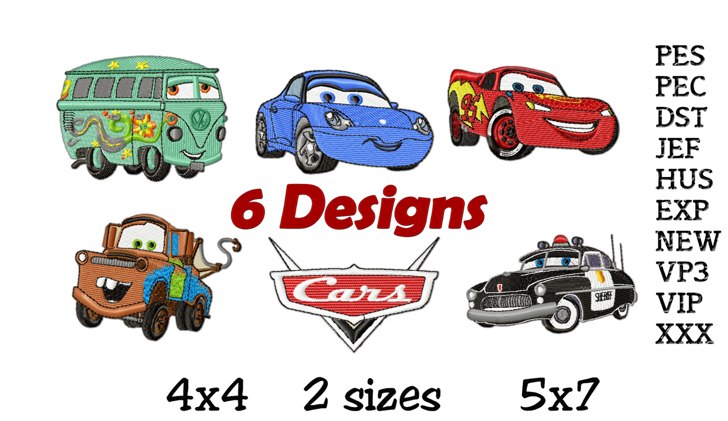MACHINE EMBROIDERY DESIGNS - 6 CARS DESIGNS - MULTIPLE FORMATS - 2 SIZES