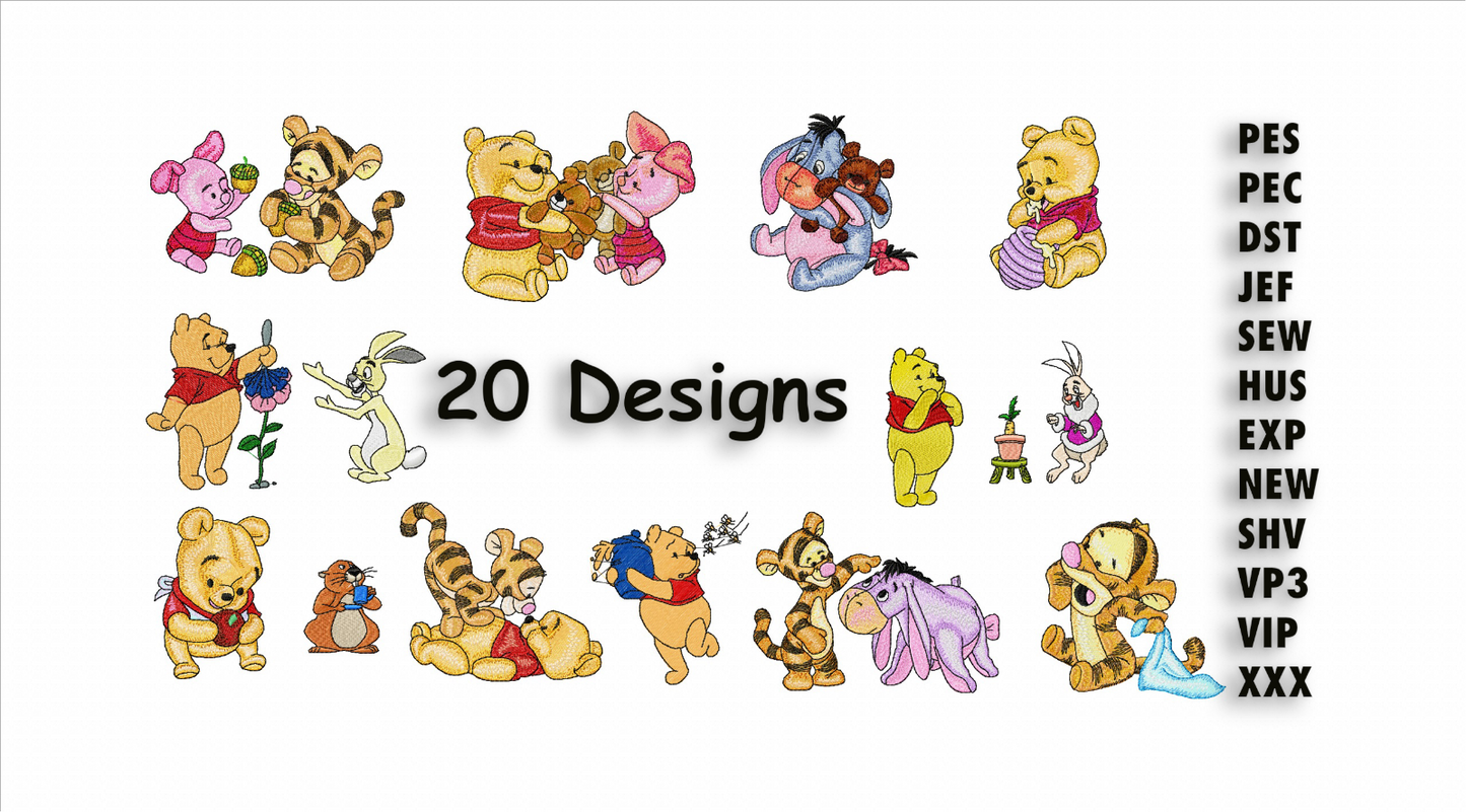 POOH MACHINE EMBROIDERY DESIGNS - 20 POOH AND FRIENDS DESIGNS - MULTIPLE FORMATS