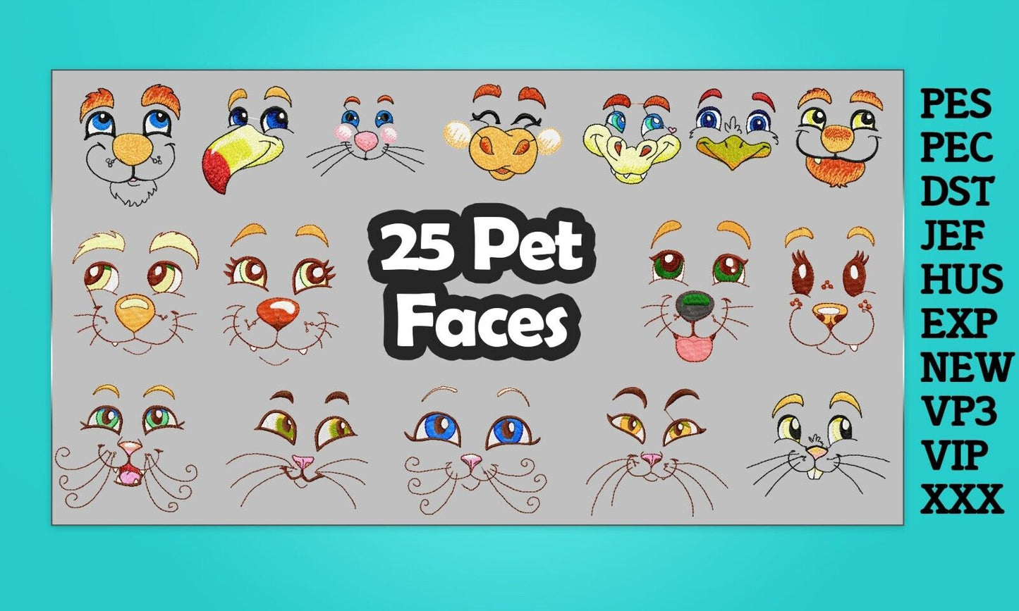 MACHINE EMBROIDERY DESIGNS - 25 PET FACES DESIGNS - MULTIPLE FORMATS -