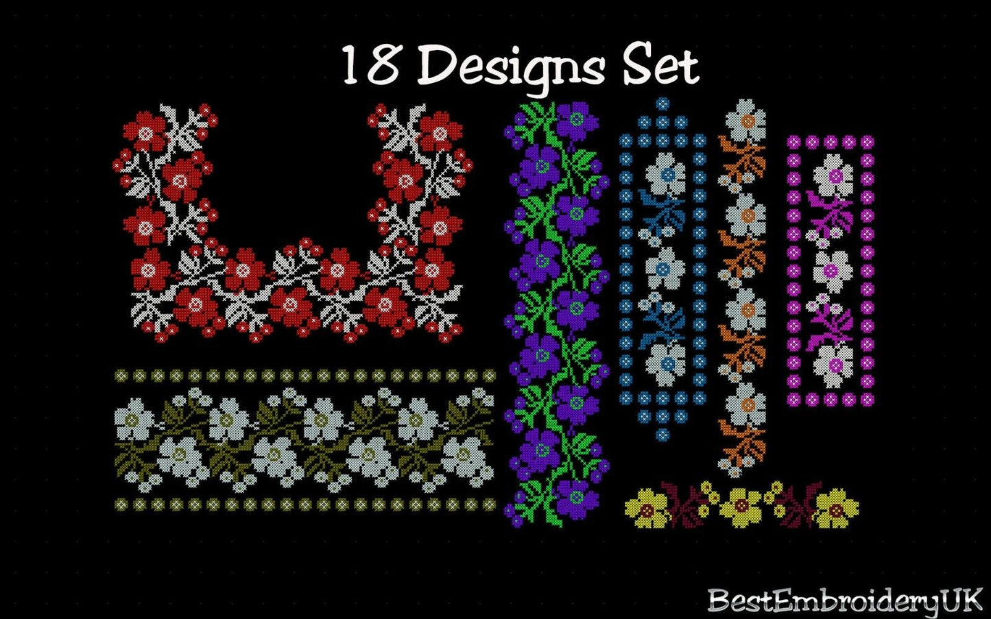 MACHINE EMBROIDERY DESIGNS - 18 Cross Stitch Designs - Flower Ornament