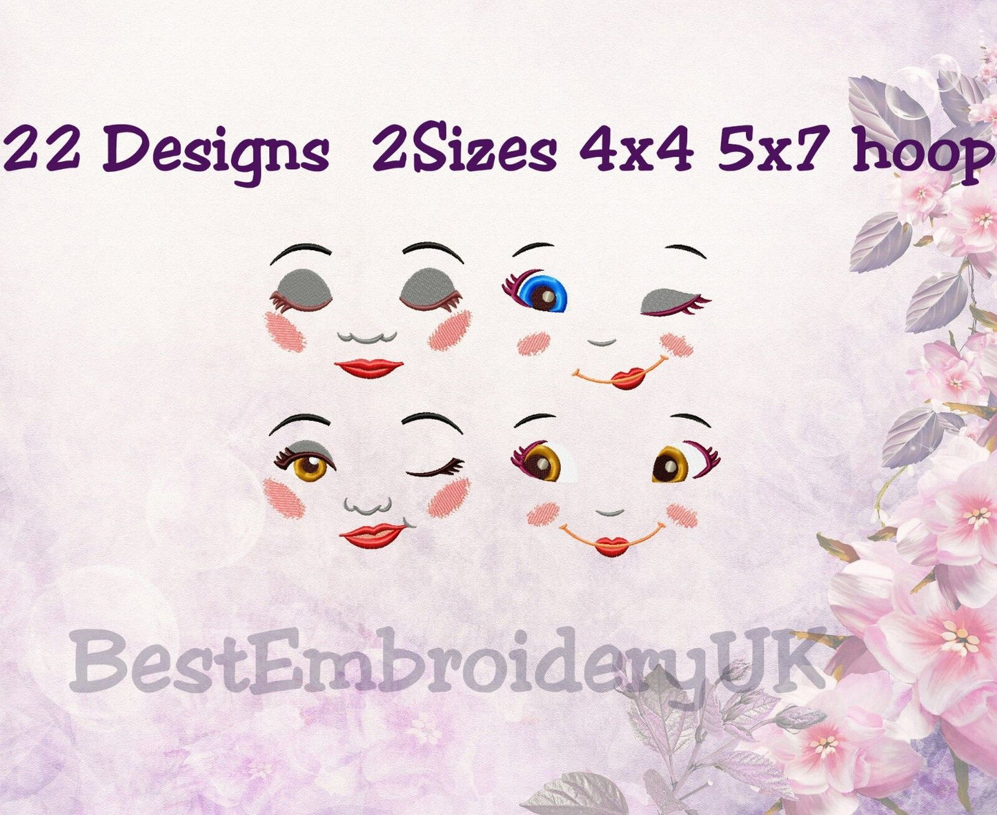 DOLL FACE Machine Embroidery Designs - 22 Designs in 2 Sizes - PES DST