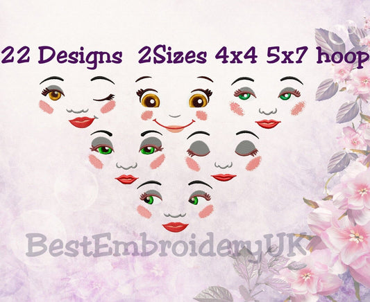 DOLL FACE Machine Embroidery Designs - 22 Designs in 2 Sizes - PES DST