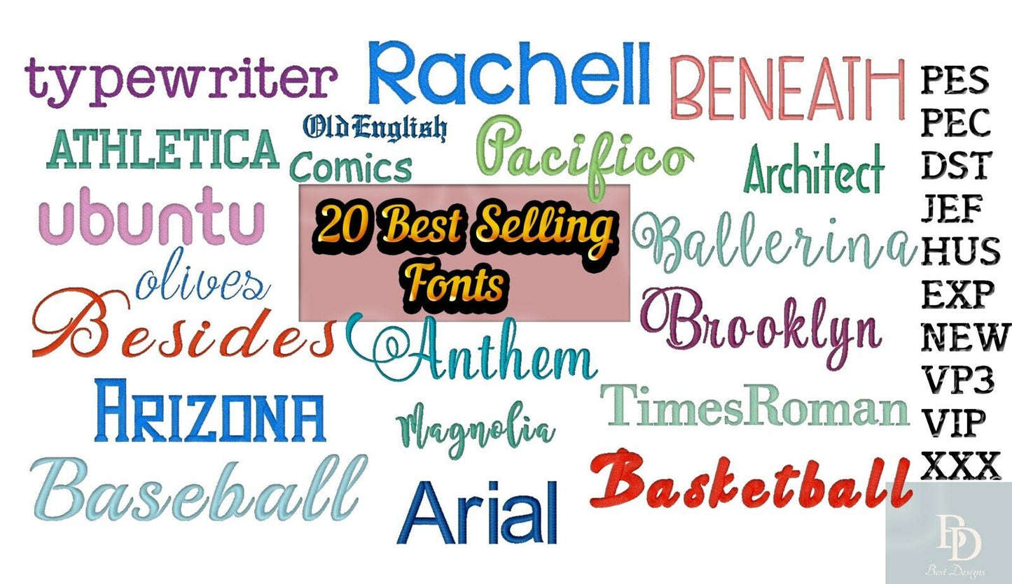 MACHINE EMBROIDERY DESIGNS - 20 EMBROIDERY FONTS - MULTIPLE FORMATS -