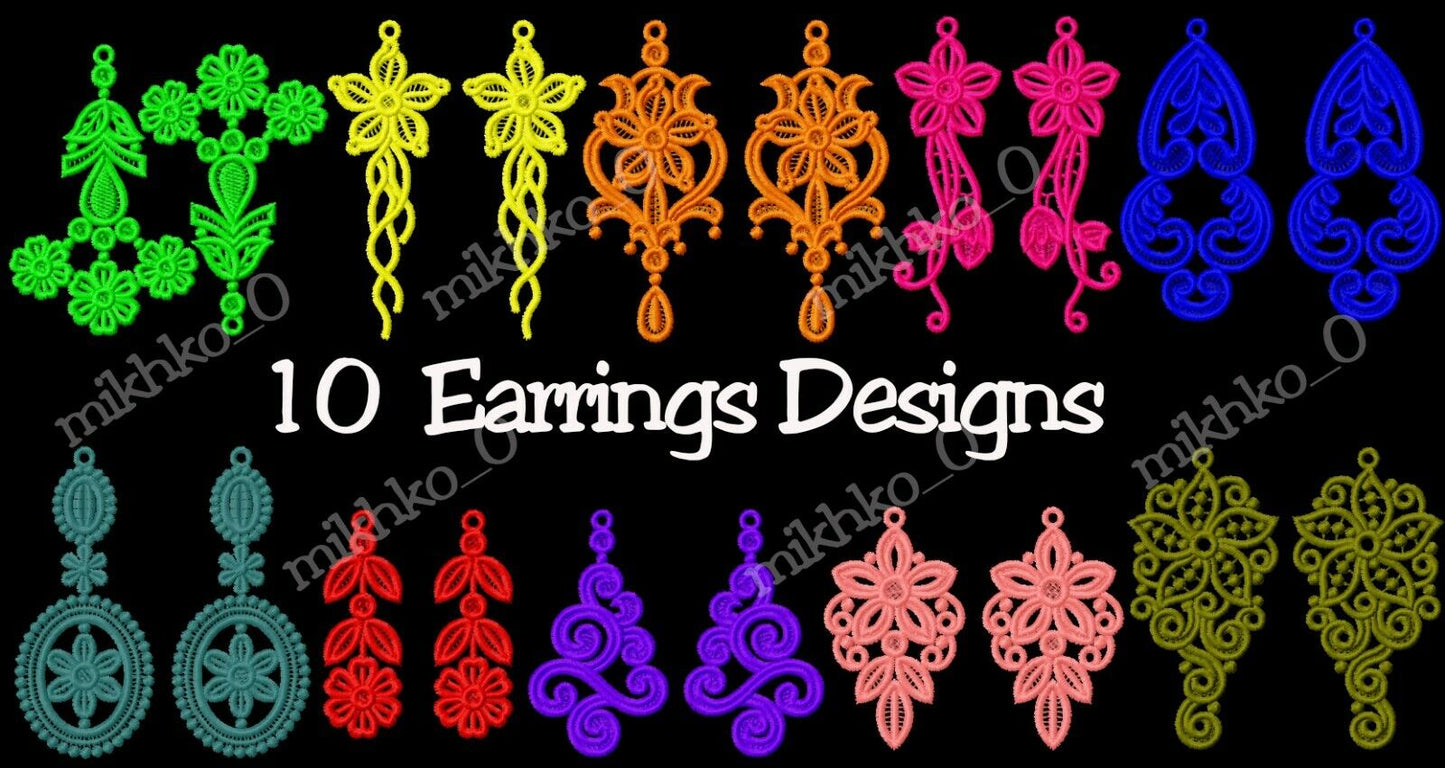 MACHINE EMBROIDERY DESIGNS - 10 FSL EMBROIDERY EARRINGS DESIGNS - MULT
