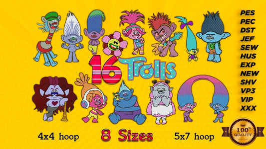 MACHINE EMBROIDERY DESIGNS - 16 TROLLS EMBROIDERY DESIGNS - MULTIPLE F