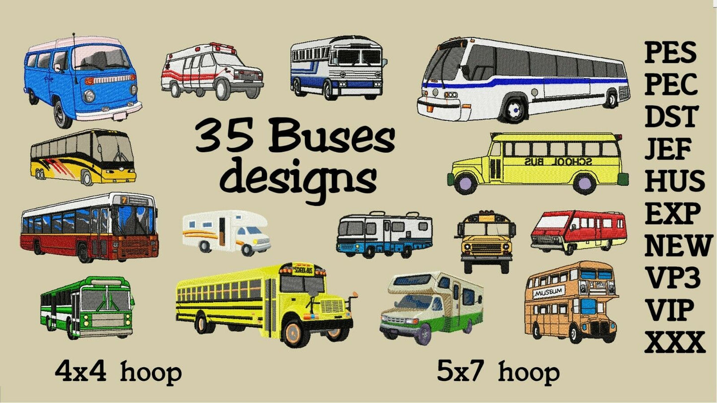 MACHINE EMBROIDERY DESIGNS - 35 BUSES, CAMPER VAN EMBROIDERY DESIGNS -