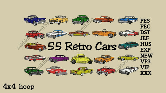 MACHINE EMBROIDERY DESIGNS - 55 RETRO CARS EMBROIDERY DESIGNS - MULTIPLE FORMATS