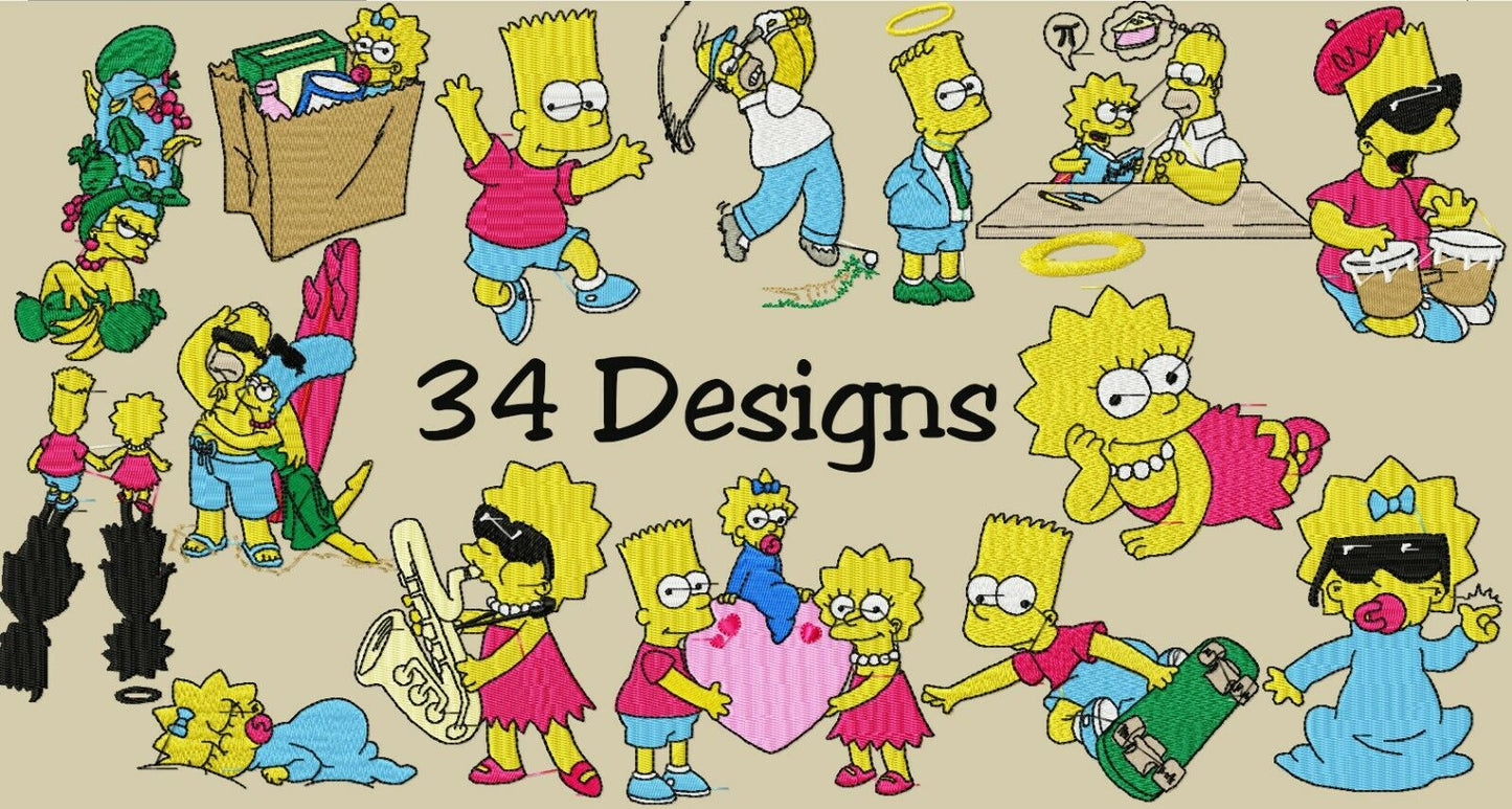 MACHINE EMBROIDERY DESIGNS - 34 SIMPSONS CARTOON DESIGNS- PES HUS DST