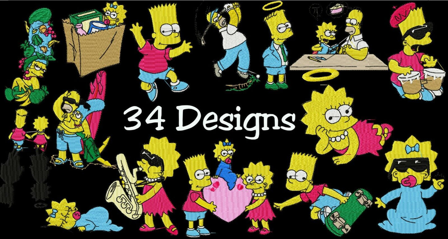 MACHINE EMBROIDERY DESIGNS - 34 SIMPSONS CARTOON DESIGNS- PES HUS DST