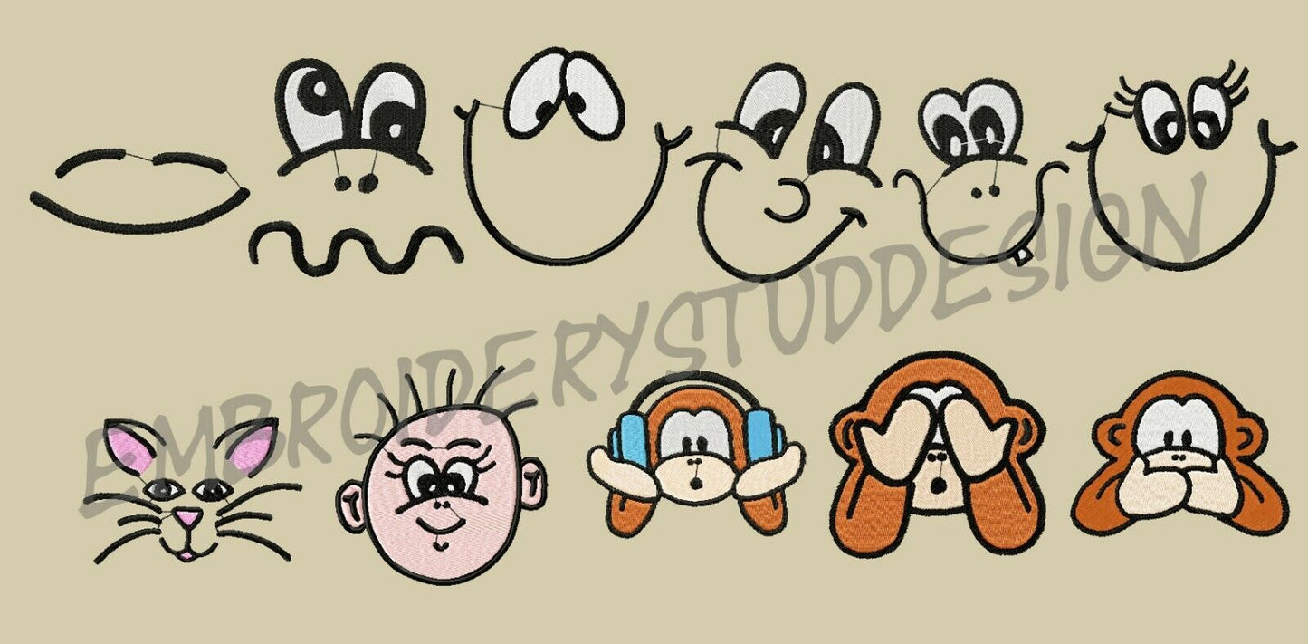 DOLL FACE Machine Embroidery Designs - 67 Funny Faces Designs - PES DST