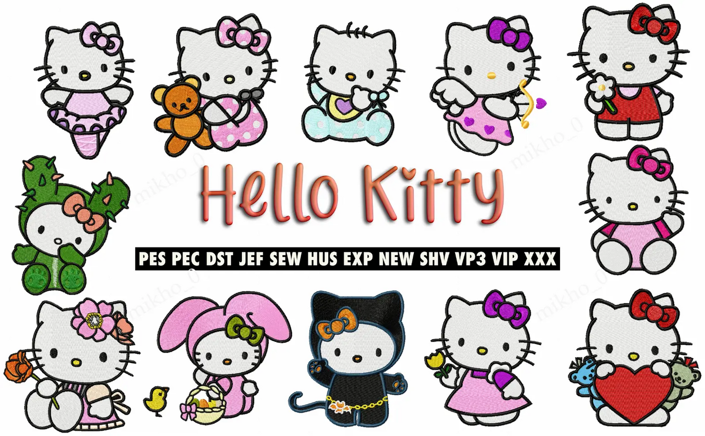MACHINE EMBROIDERY DESIGNS - 12 HELLO KITTY DESIGNS - MULTIPLE FORMATS
