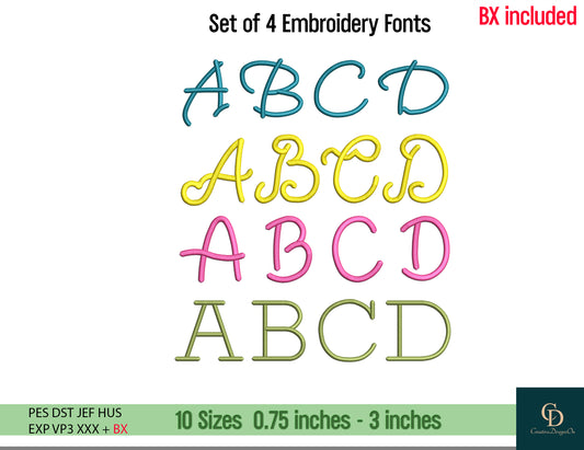 4 Machine Embroidery Fonts, BX, PES, DST Cursive, Monogram Script Alphabet, Satin Font, Boho Signature Font, 10 Sizes
