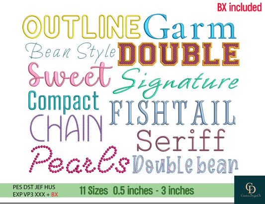 Machine Embroidery Fonts Bundle, Super BX Set of 12 Fonts, Monogram Alphabet, Satin Font, Boho Signature Font, 11 Sizes